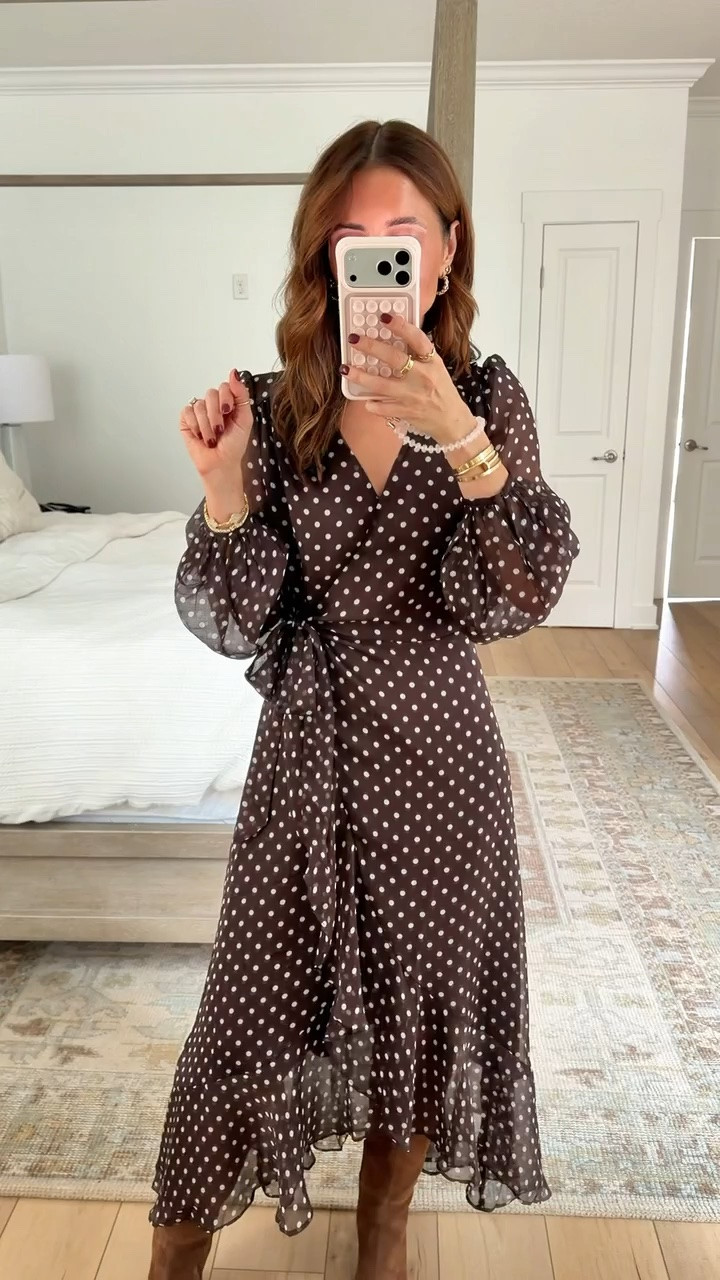I bought all of the new Target for arrival so you don’t have to! Fall outfits. Fall style. Fall dresses. Polka dot maxi dress in XS with clip at the bust. It’s a true wrap-style and also has a button at the waist to keep it closed! Wedding guest dress. Baby shower dress. Family photo dress. I went up half a size in knee high boots to make room for socks. 

#LTKootd #LTKSeasonal #LTKPetite