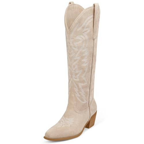 Ouepiano Beige Cowboy Boots for Women Suede Cowgirl Knee High Boots with Classic Embroidered Pull On & Side Zipper Pointed Toe Chunky Heel Vintage Country Western Botas Size 9.5 | Amazon (US)