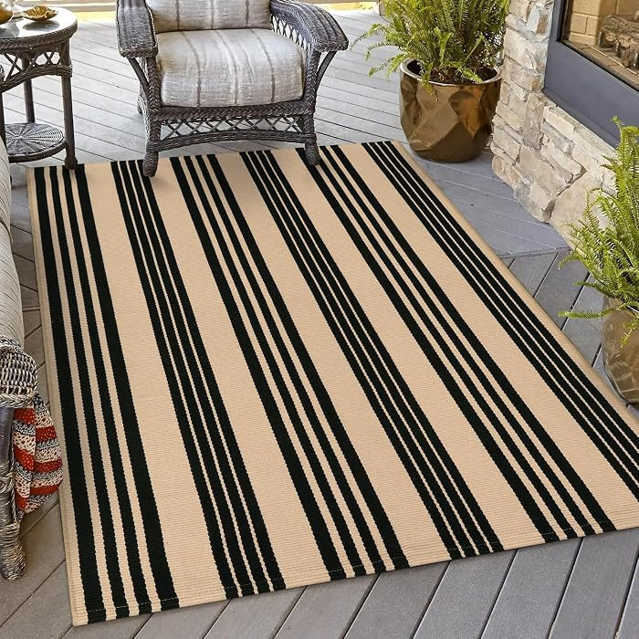Outdoor Area Rugs 4'x6', Black and Tan Outdoor Rug Machine Washable Patio Rugs Cotton Hand Woven ... | Amazon (US)