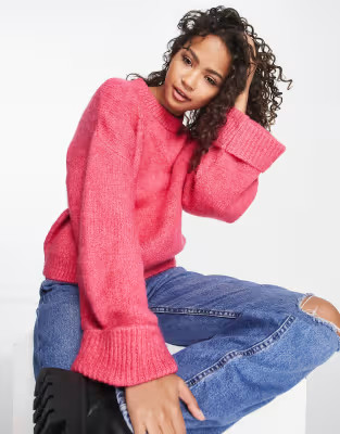 ASOS DESIGN premium sweater with turn back cuff in wool blend yarn in dark pink | ASOS (Global)