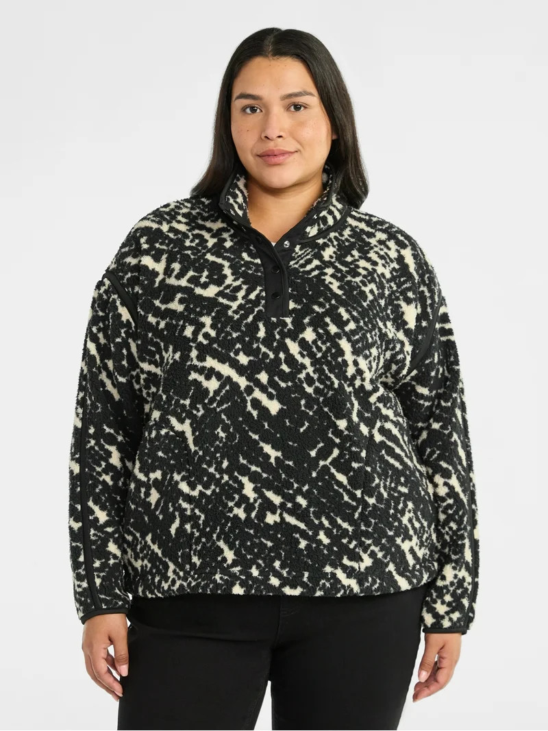 Terra & Sky Women's Plus Size Faux Shearling Quarter Snap Pullover, Sizes 0X-4X | Walmart (US)