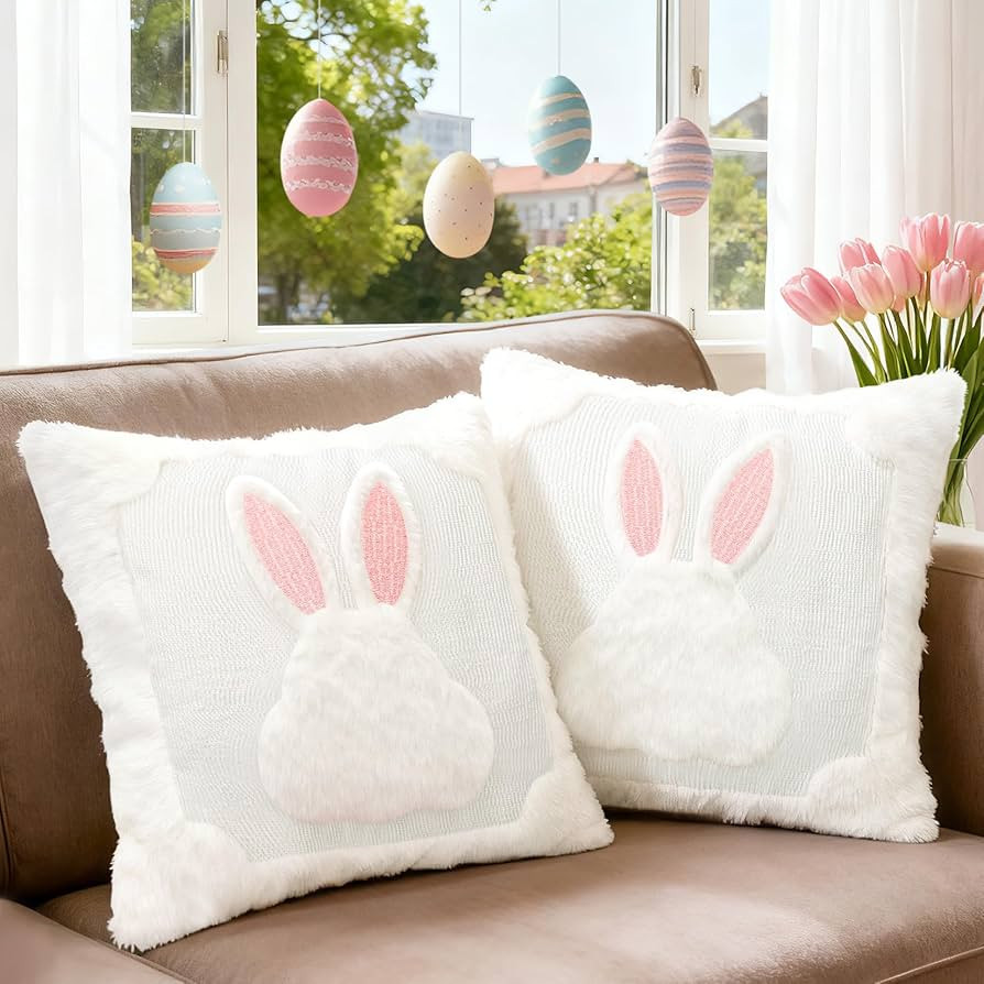 Easter Bunny Pillow Covers 18x18 Set of 2, Ultra-Soft Plush Faux Fur White Rabbit Throw Pillowcas... | Amazon (US)
