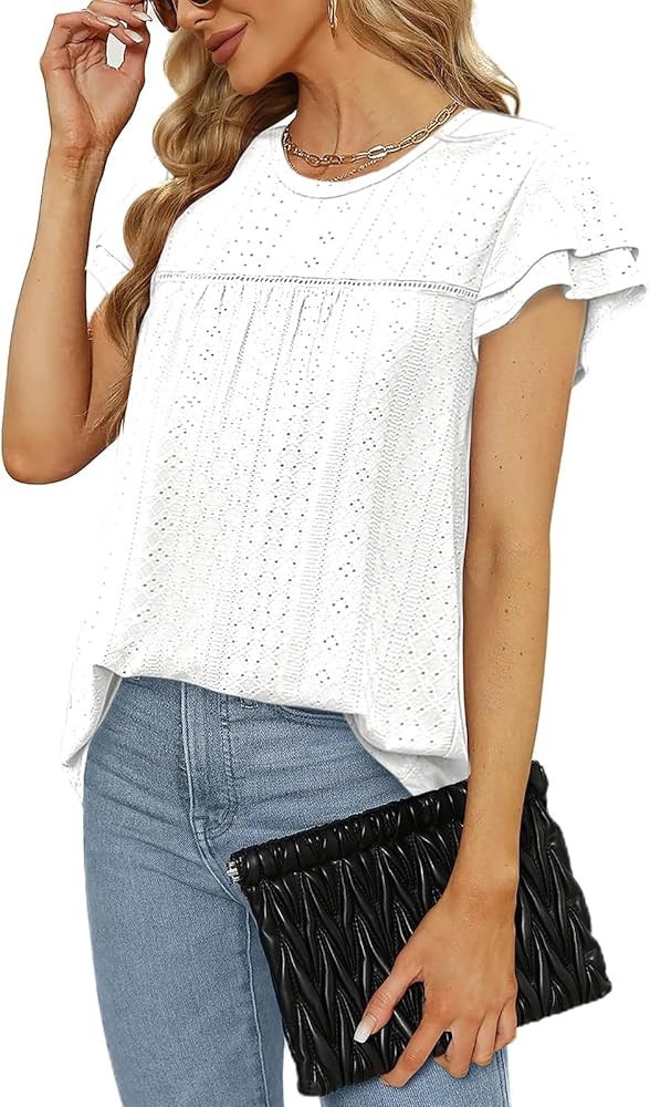 Zwurew Womens Summer Tops Crewneck Eyelet Ruffle Sleeve Blouses Casual Babydoll Shirts 2025 S-2XL | Amazon (US)