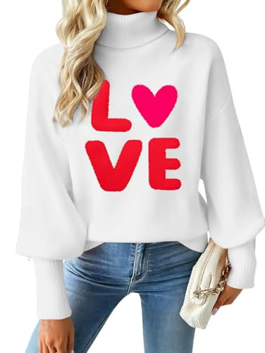 Valentines Sweater Women Love Hearts Turtleneck Sweaters Knit Dating Outfits for Her Valentines Day Jumper Tops | Amazon (US)