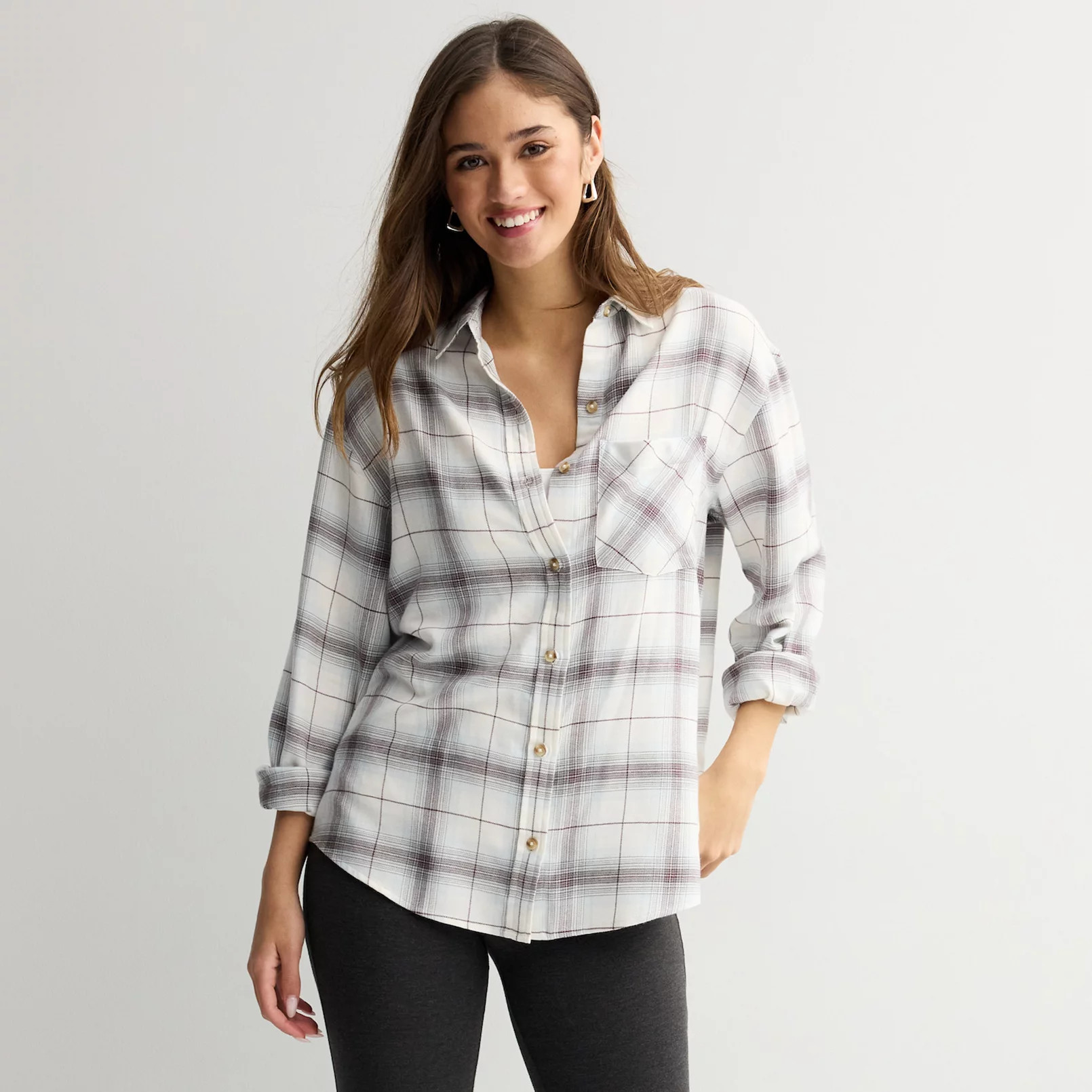 Juniors' SO® Boyfriend Button-Front Flannel Shirt | Kohl's