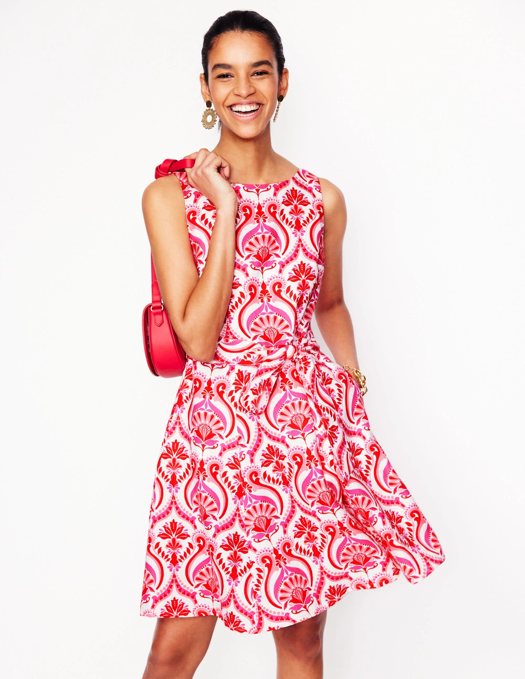 Anya Sleeveless Linen Dress-Poppy Red, Ornamental Floral | Boden (US)