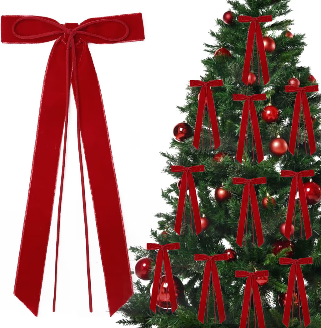 12Pcs Red Velvet Ribbon Bows Christmas Tree Decorations,5in x 10in Xmas Ornaments for Tree Home P... | Amazon (US)