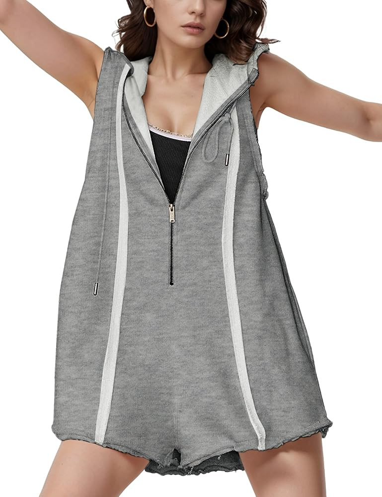 Rompers for Women Athletic Workout Hooded Romper Casual Zip-Front Neck Jumpsuits Overalls with Po... | Amazon (US)