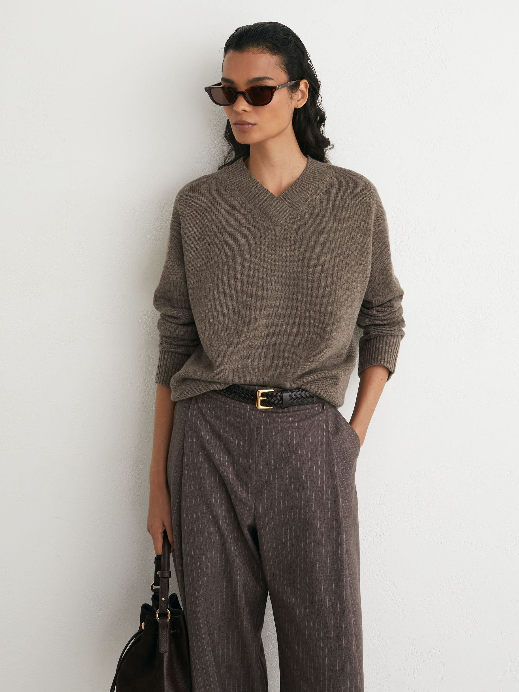 Reiss Wool-Cashmere V-Neck Jumper in Dark Neutral | REISS | Reiss US