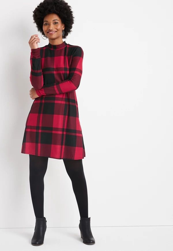 24/7 Red Plaid Mock Neck Mini Dress | Maurices