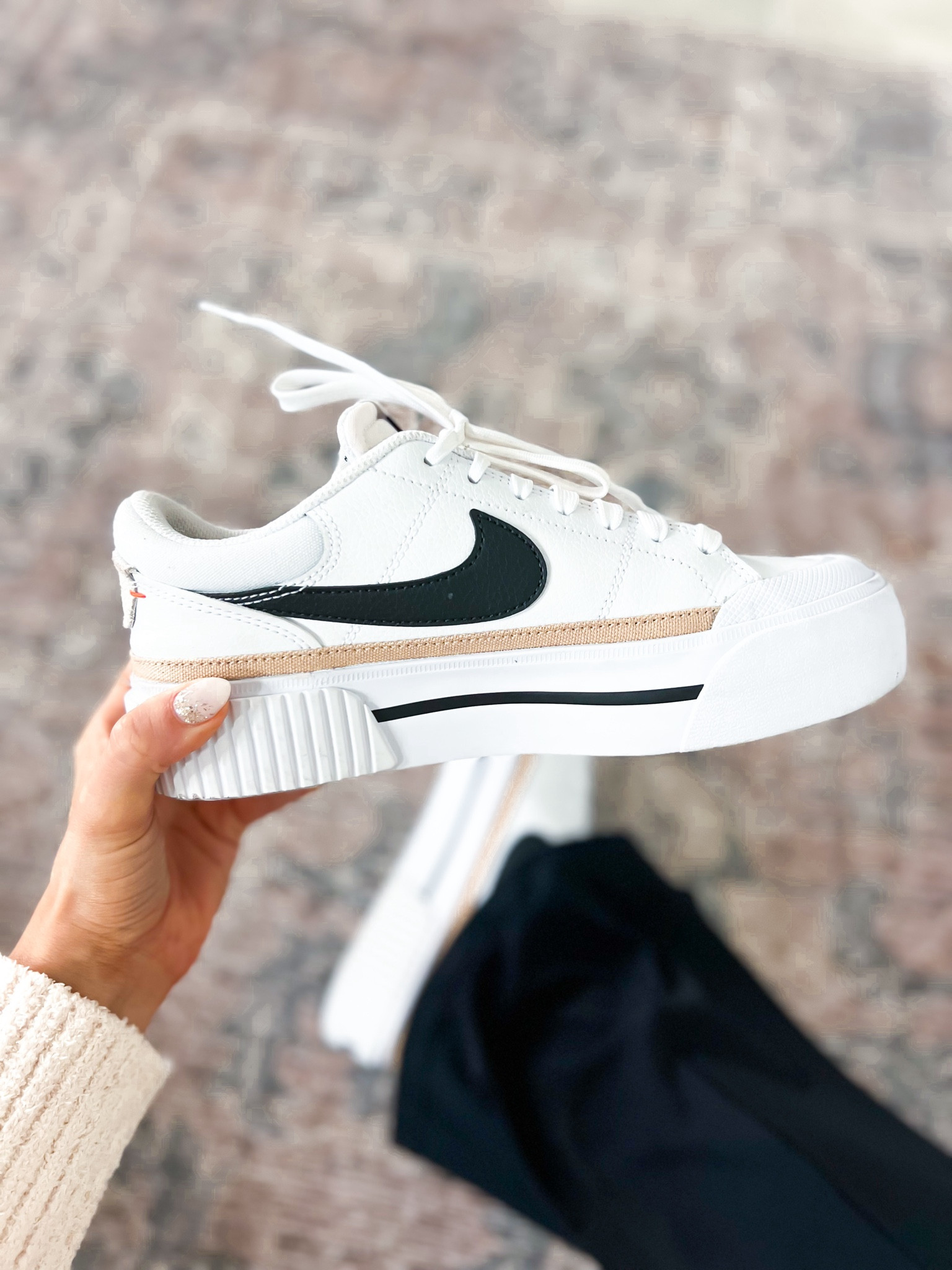 Nike Court legacy lift platform sneakers. Neutral sneakers. Spring sneakers. Travel outfit. Casual outfit. Spring outfit. Athleisure. Shoes are super comfortable for travel + walking but run a smidge big. I suggest sizing down *half a size* like I did + reviews agree! Amazon flare leggings. 

#LTKTravel #LTKShoeCrush #LTKFindsUnder100