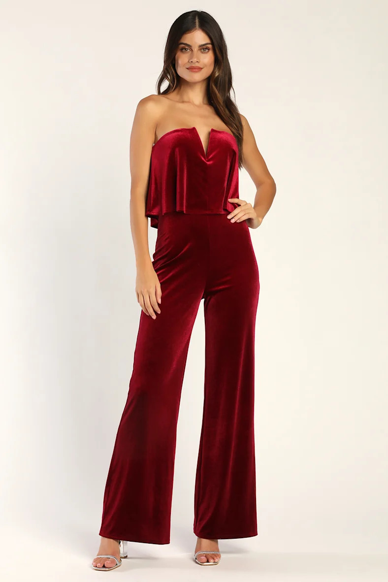 Power of Love Wine Red Velvet Strapless Jumpsuit | Lulus (US)