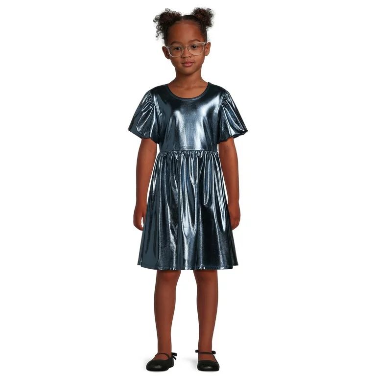 Wonder Nation Girls Metallic Knit Puff Sleeve Dress, Sizes 4-18 & Plus | Walmart (US)