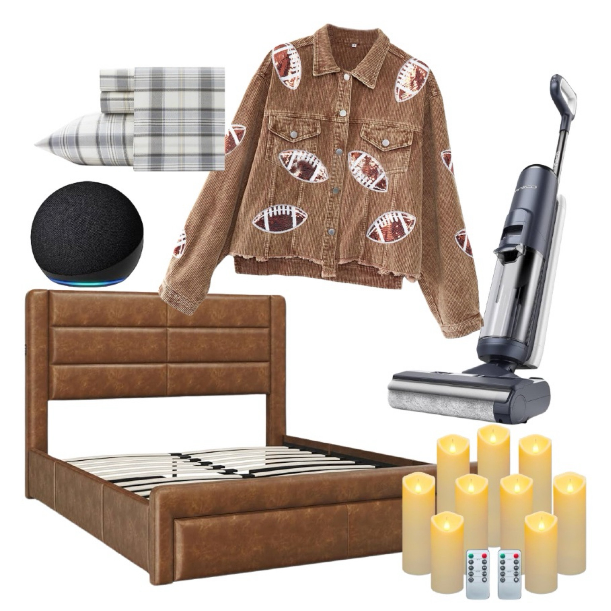 Football corduroy jacket, faux camel leather platform bed, flameless candles, plaid sheets, fall, echo dot, tineco mop vaccum

#LTKFallSale #LTKFamily #LTKHome