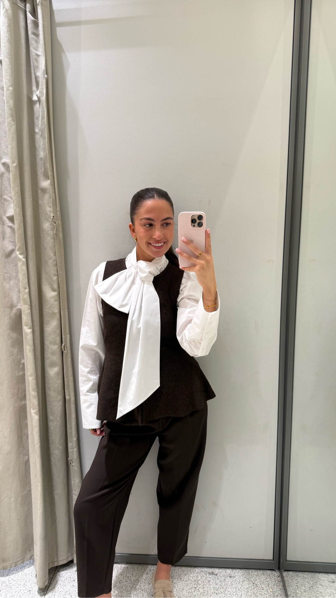 Chic workwear - corporate - smart outfit - bow shirt - brown trousers - peplum top - brown top 

#LTKFashionMonth #LTKworkwear #LTKspring