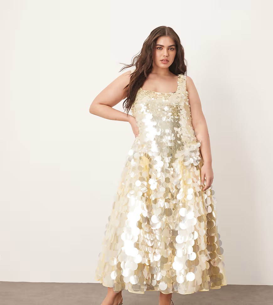 ARRANGE Curve embellished disc sequin square neck full skirt midi dress in lemon-Yellow | ASOS (Global)