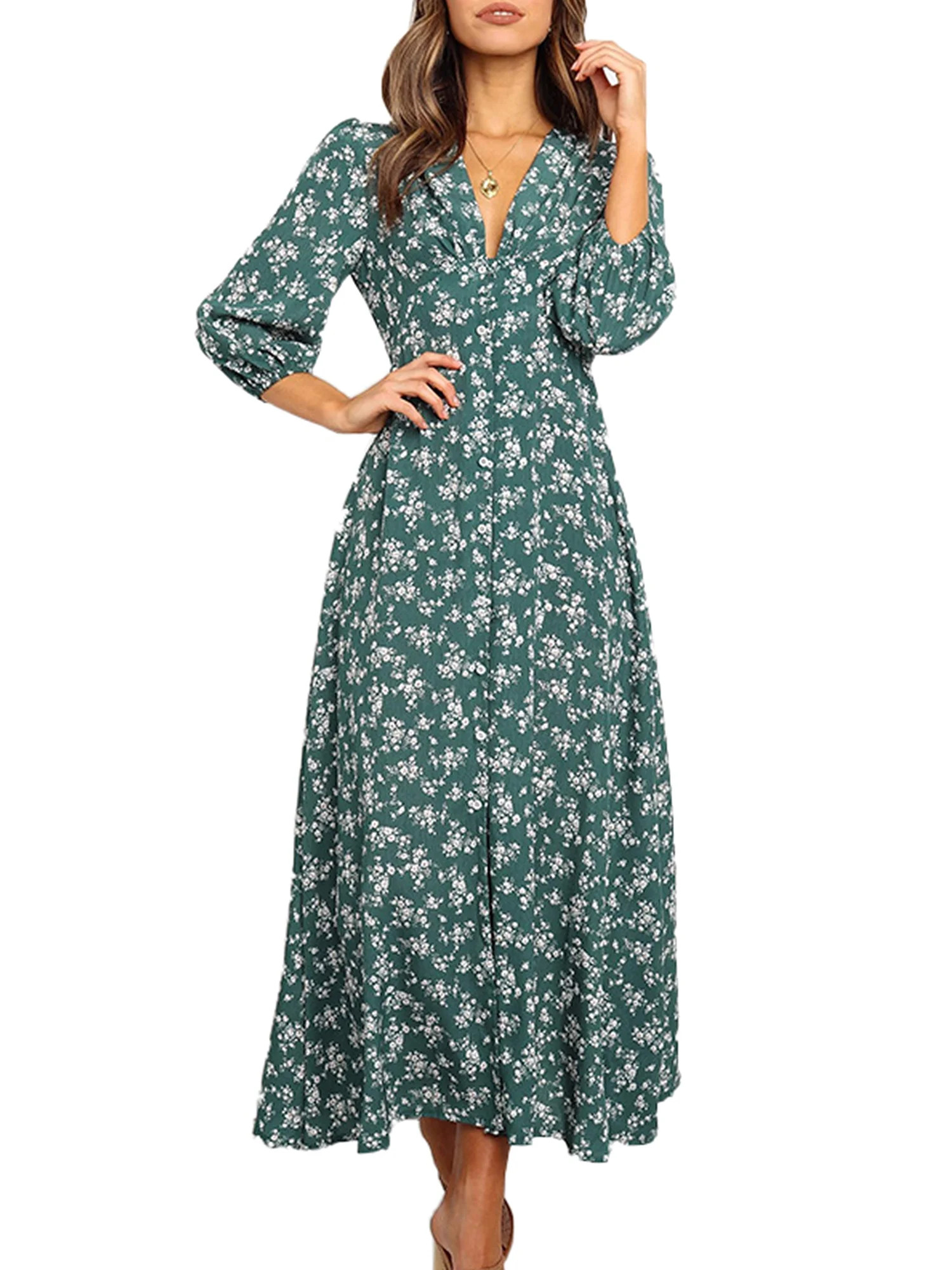 Womens Long Sleeve Bohemian Floral Maxi Dresses Loose Casual High Waist Boho Printed Maxi Dress B... | Walmart (US)