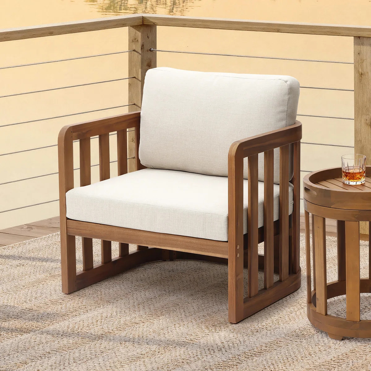 29.9'' W Outdoor Solid Acacia Wood Patio Armchair with Cushions and Slatted Sides | Wayfair North America