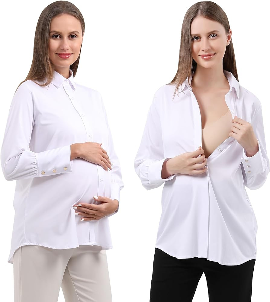 Maternity Button Down Shirt Long Sleeve Formal Blouse for Work Pregnant Dress Top | Amazon (US)
