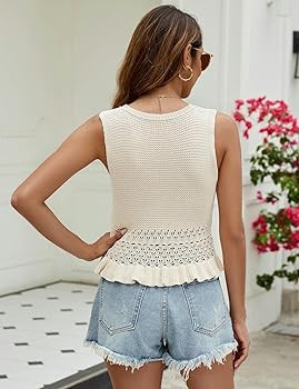 CiCiBird Women Cute Crop Sweaters Vest Knit Sleeveless Pullover Tops Crochet Ruffle Hem Tank | Amazon (US)