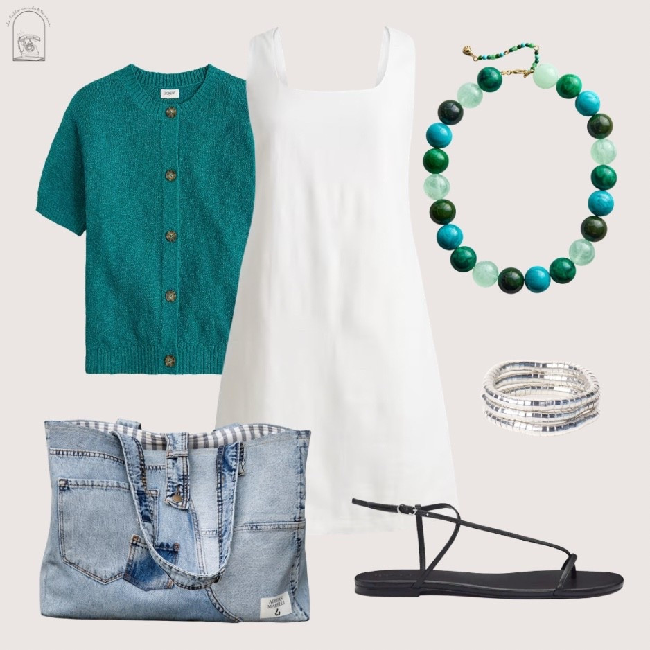 how i would dress down a white dress: a modern simple sandal, silver bracelet stack, colorful oversized beads, and the most chic denim jean pocket bag ever…

#LTKgrwm #LTKootd