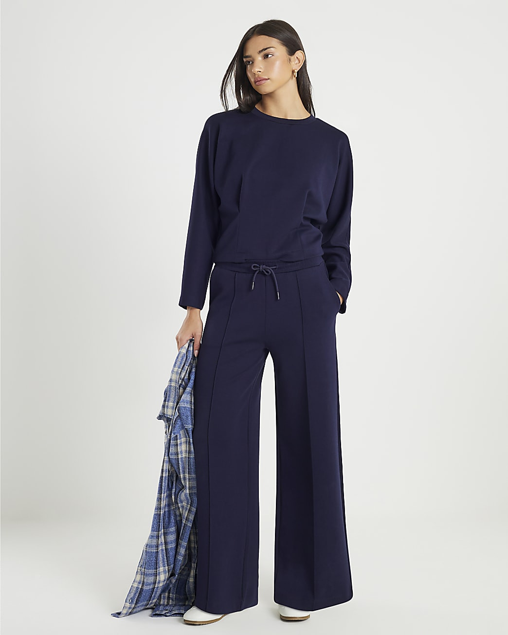 Navy Premium Wide Leg Pintuck Joggers | River Island UK & IE