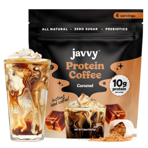 Javvy Caramel Protein Coffee - Premium Whey Protein & Instant Iced Coffee - 100% Arabica Coffee - Zero Artificial Flavors & Sweeteners, 6 Servings | Amazon (US)