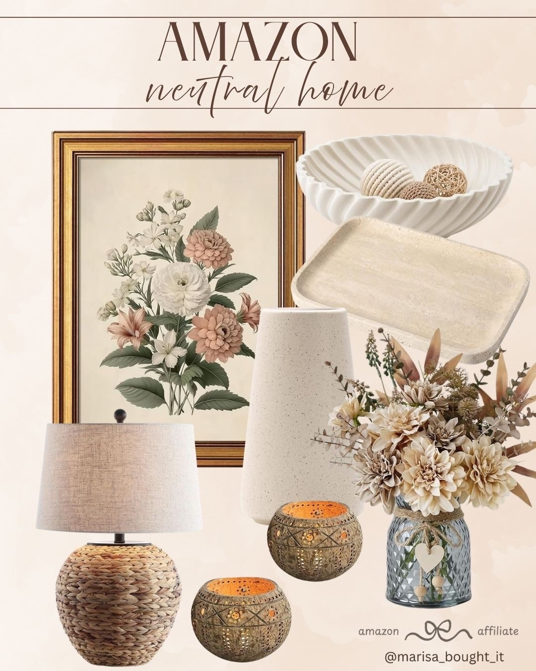 Elevate your living space with these cozy neutral home finds from Amazon! 🤍

Featuring framed botanical art, a woven table lamp, textured ceramic vases, and delicate floral arrangements for an effortless touch.

Add warmth with carved tealight holders, decorative trays, and fluted bowls for a serene setup. ✨

#AmazonHome #NeutralHome #HomeDecor #CozyHome #AmazonFinds #LTKhome #InteriorStyling #NeutralAesthetics #HomeInspo

#LTKHome