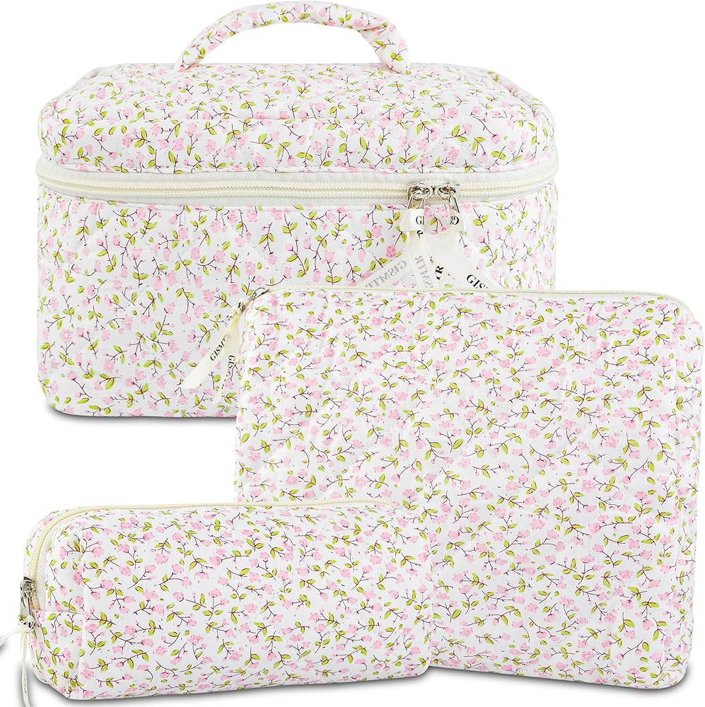 GISMTR 3PCS Makeup Bag Set, Cute Quilted Floral Cosmetic Bag, Large Travel Aesthetic Make up Bag,... | Amazon (CA)