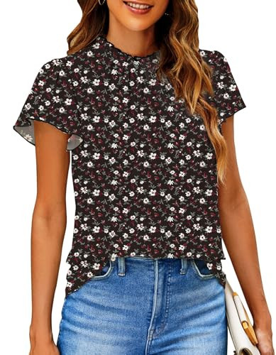 SimpleFun Floral Tops for Women Trendy Black Chiffon Blouses Dressy Short Sleeve Business Casual Shirts Boho Style Clothing Black S | Amazon (US)