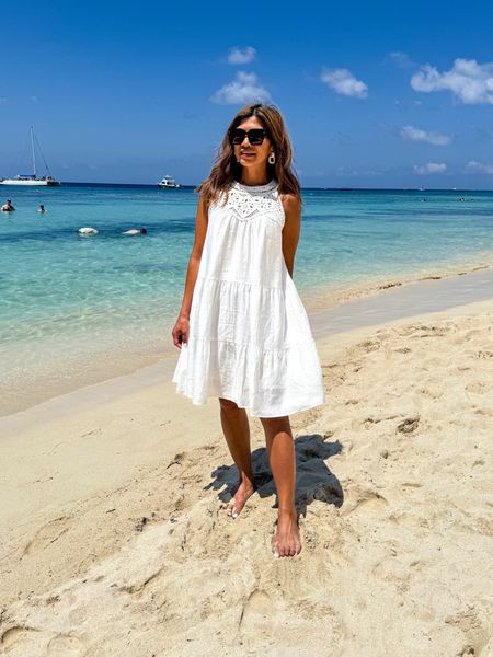 White Dress in small, lined, comes in other  colors, love the crochet detail, flowy, elegant, comfortable. 
Amazon find, can be graduation dress, vacation outfit, Easter  dress