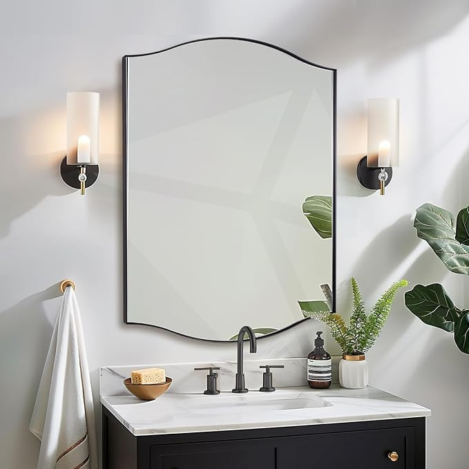 30"x40" Scalloped Wall Mirror，Matte Black Rectangle Bathroom Mirror with Curved Edge Stainless ... | Amazon (US)