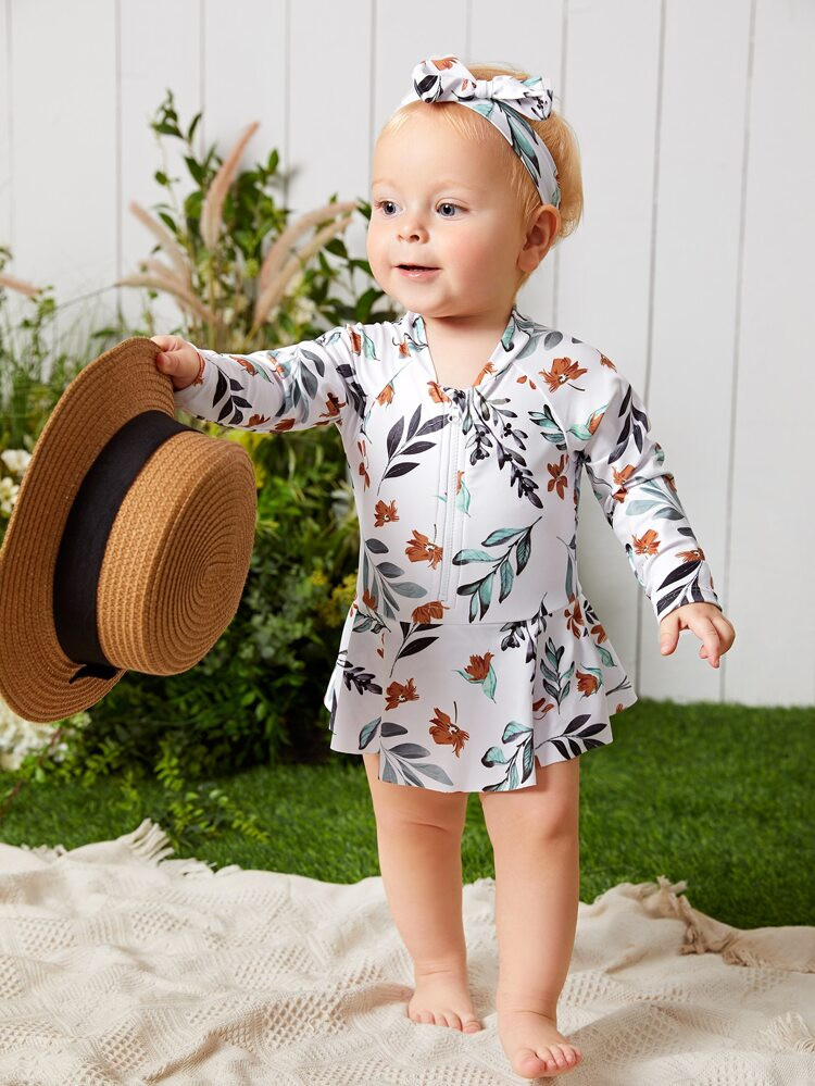 Baby Girl Plant Print Zipper Front One Piece Swimsuit With Hairband | SHEIN