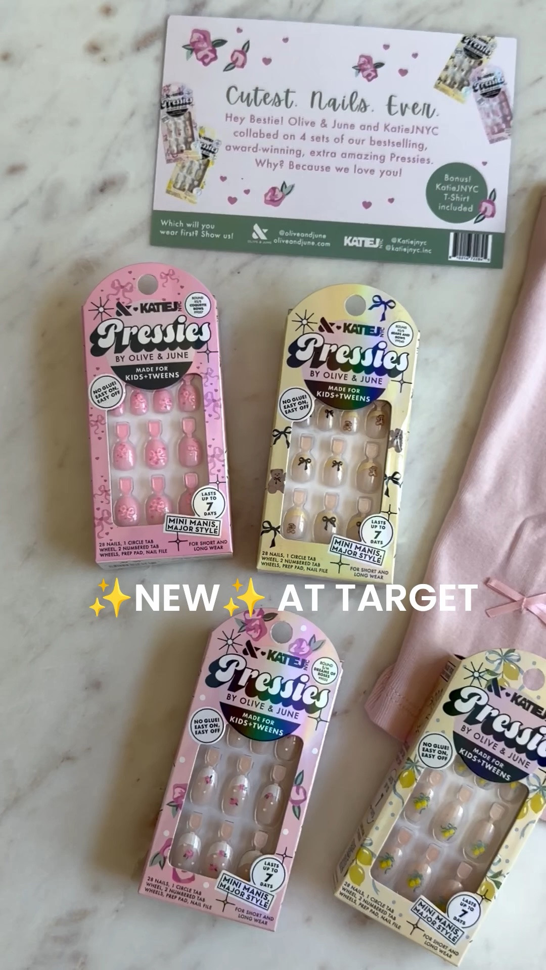 New olive & june pressies press on nails specifically made for kids and tweens, mini manicures for girls that last up to seven days with trendy rose, lemon polkadot bears, and bows and coquette bow print in their KatieJ collab at target!!