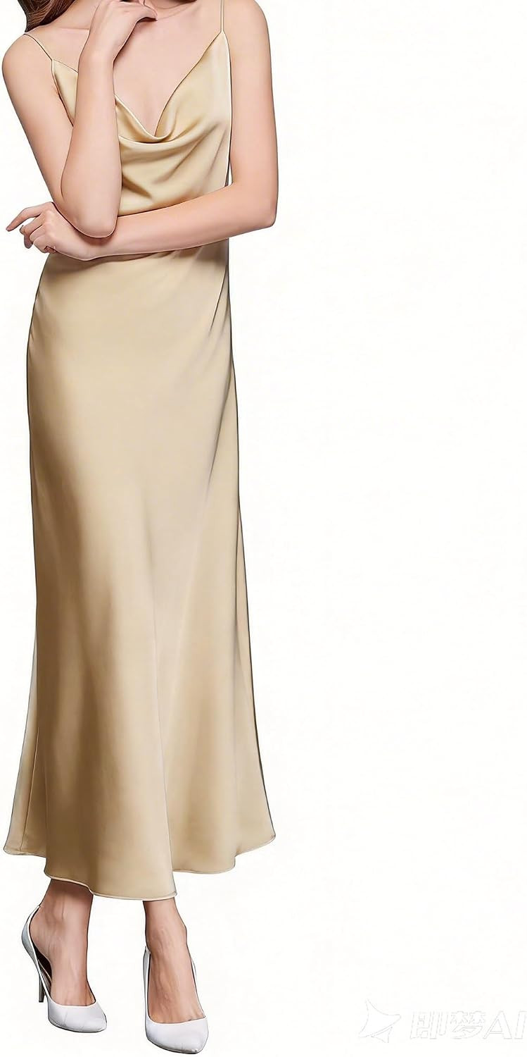 Women's Summer Satin Spaghetti Strap Midi Dresses Satin Nightgown Ruched Cocktail Dress | Amazon (US)