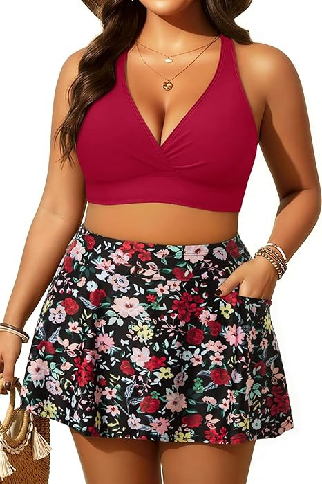 Women's Plus Size High Waisted Bikini - Two Piece Swimsuit with Skirt 2025 Tummy Control Bathing ... | Amazon (US)