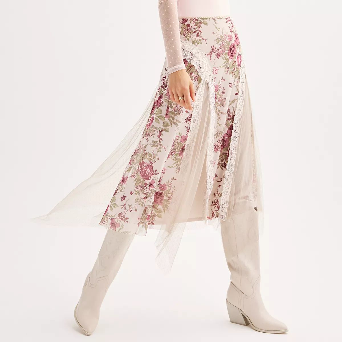 Juniors' SO® Mesh & Lace Floral Midi Skirt | Kohl's