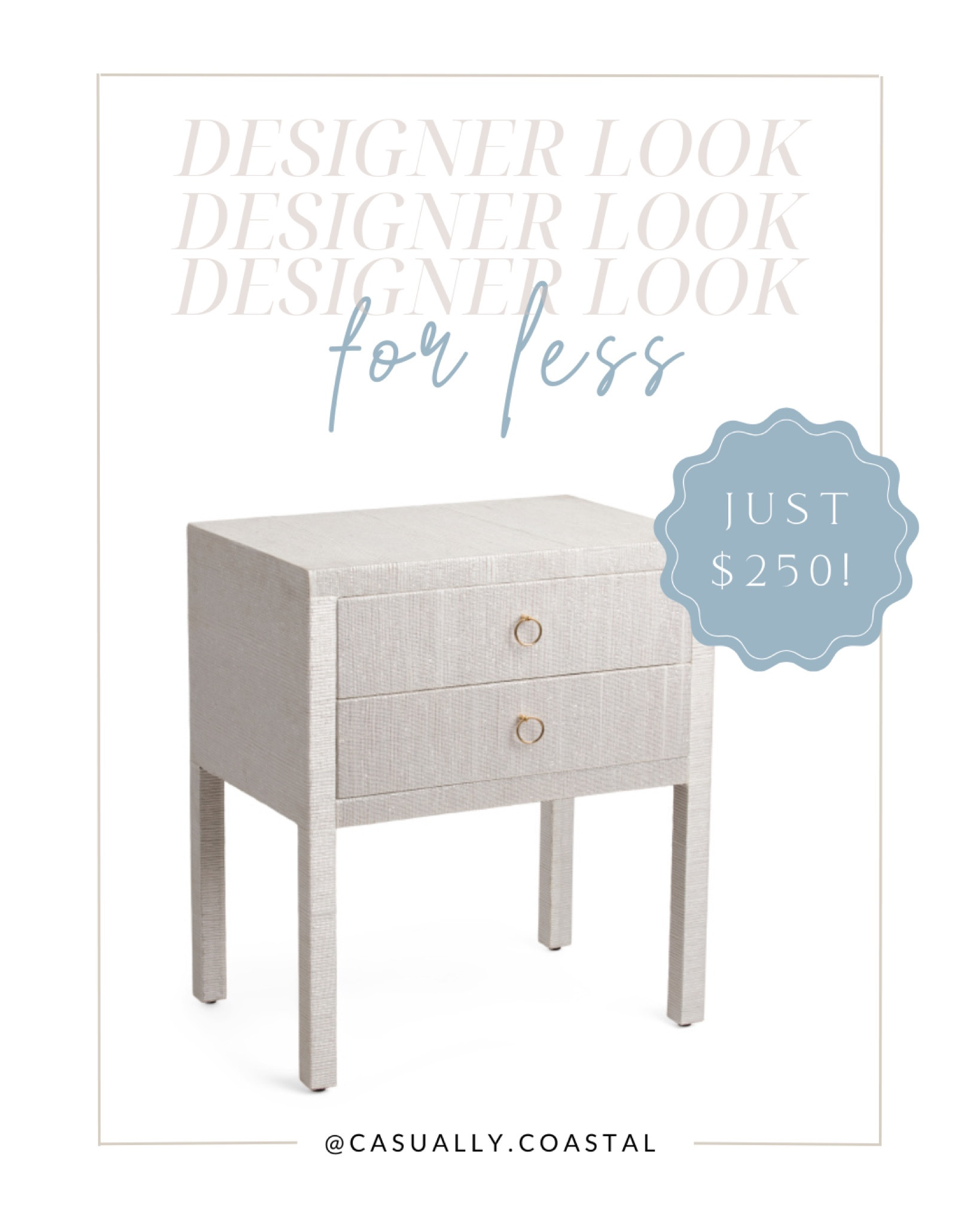 You’re going to want to jump on these as I’m almost certain they will sell out fast! Cream colored raffia nightstand/side table with two drawers just $250 with free shipping (use code SHIP89)! So similar to Serena & Lily’s Driftway nightstands!
-
coastal decor, beach house decor, beach decor, beach style, coastal home, coastal home decor, coastal decorating, coastal interiors, coastal house decor, beach style, neutral home decor, neutral home, natural home decor, neutral nightstand, natural nightstand, serena & lily dupe, raffia nightstand, raffia side table, affordable side table, coastal bedroom furniture, coastal side table, coastal nightstand, woven side table, natural nightstand, designer look for less, designer dupe, serena & lily dupe, driftway dupe, Marshalls home decor, bedroom furniture, living room furniture, two drawer nightstand, nightstand with drawers, affordable nightstand

#LTKFind #LTKstyletip #LTKhome