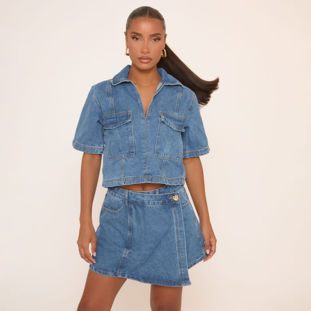 Short Sleeve Pocket Detail Boxy Cropped Top In Blue Denim | EGO (UK)