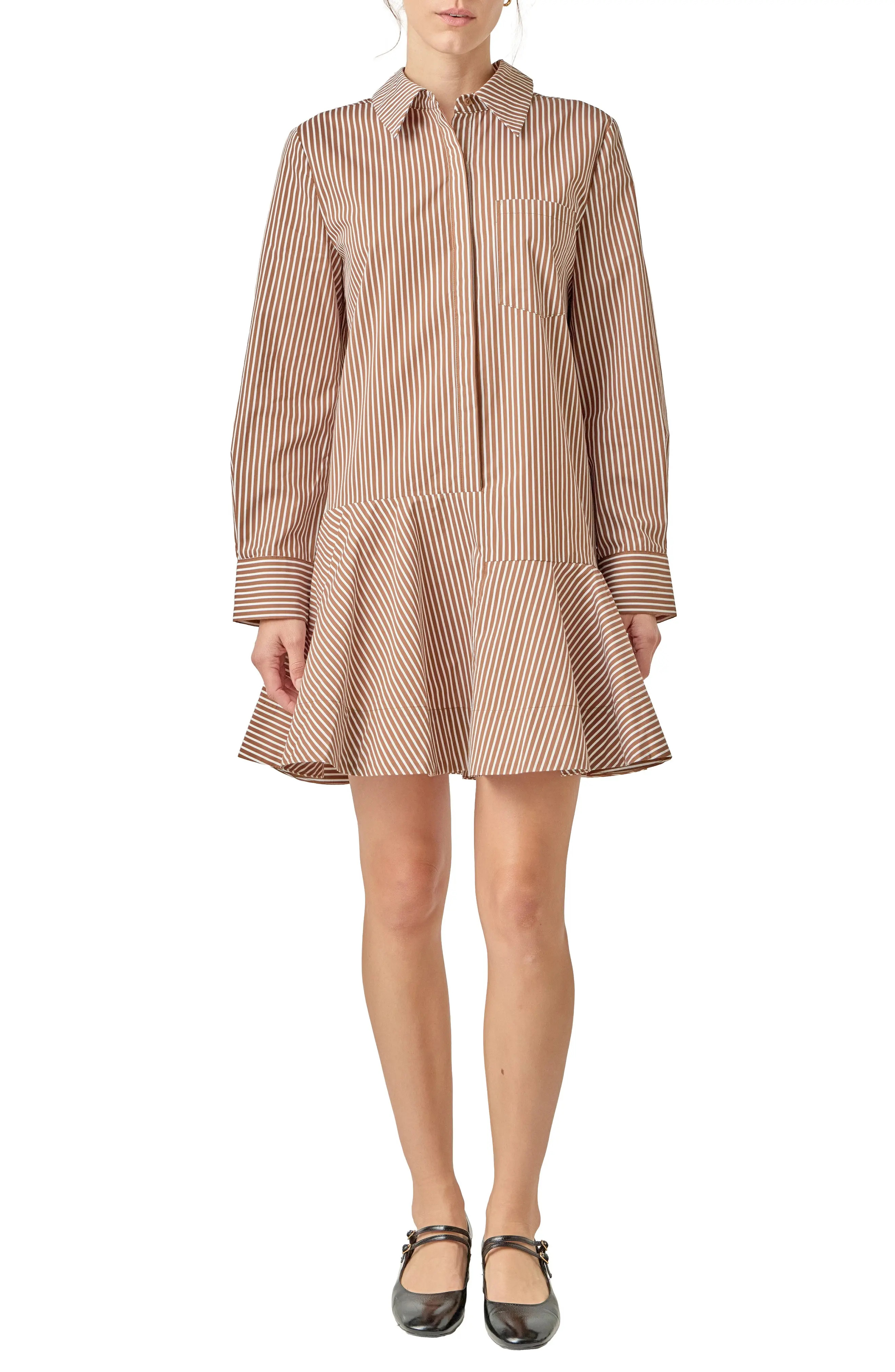 English Factory Stripe Ruffle Hem Long Sleeve Shirtdress in Dark Olive at Nordstrom, Size X-Small | Nordstrom
