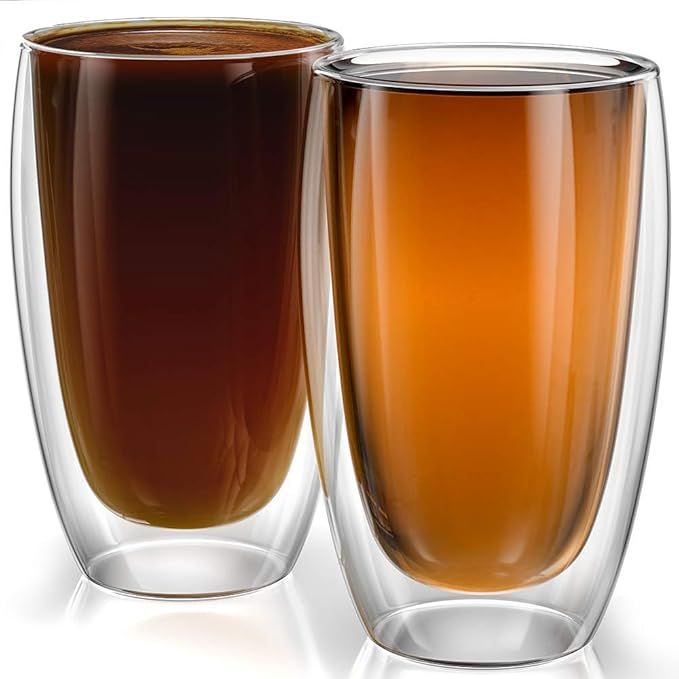 Stone & Mill Large Double Wall Drinking Glasses Set of 2-15 Ounce - Insulated Glass Cups for Coff... | Amazon (US)