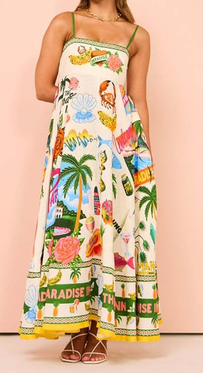 Women's Summer Sleeveless Floral Print Maxi Dress Square Neck Y2k Spaghetti Strap Dress Beach Sun... | Amazon (US)