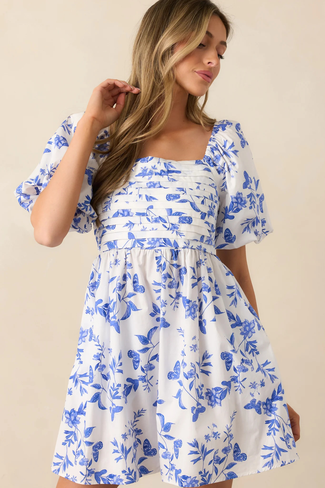 Meadow Stroll Cotton Blue Puff Sleeve Mini Dress | Red Dress