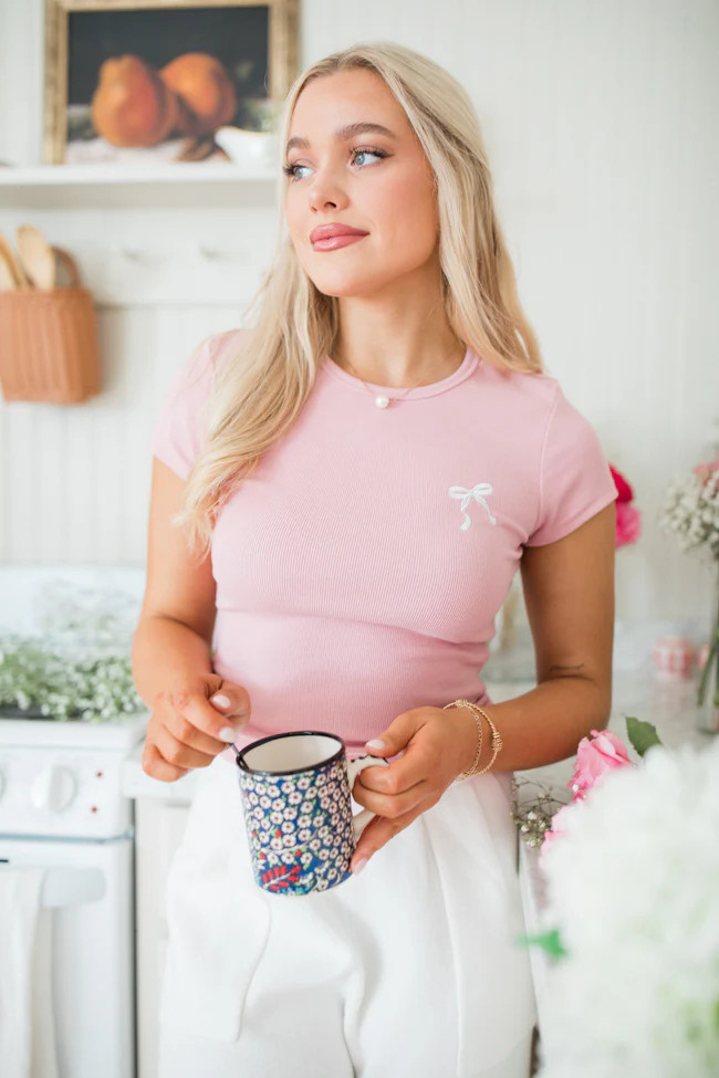 Tied Together Pink Embroidered Bow Tee | Pink Lily