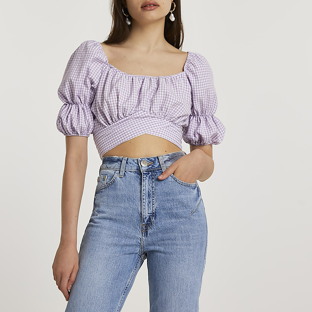 Purple puff sleeve gingham crop top | River Island (UK & IE)