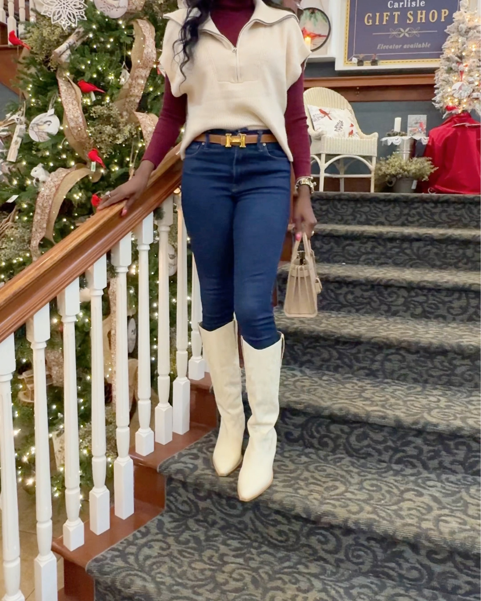 My boots are currently 30% off. They’re also available in red and black. True to size. Wearing size 10. 
*In partnership with DSW. 
Holiday Outfit, Christmas Outfit, Jeans, 

#LTKHoliday #LTKSeasonal #LTKOver40 #Ootd 

#LTKWatchNow #LTKCyberWeek #LTKShoeCrush
