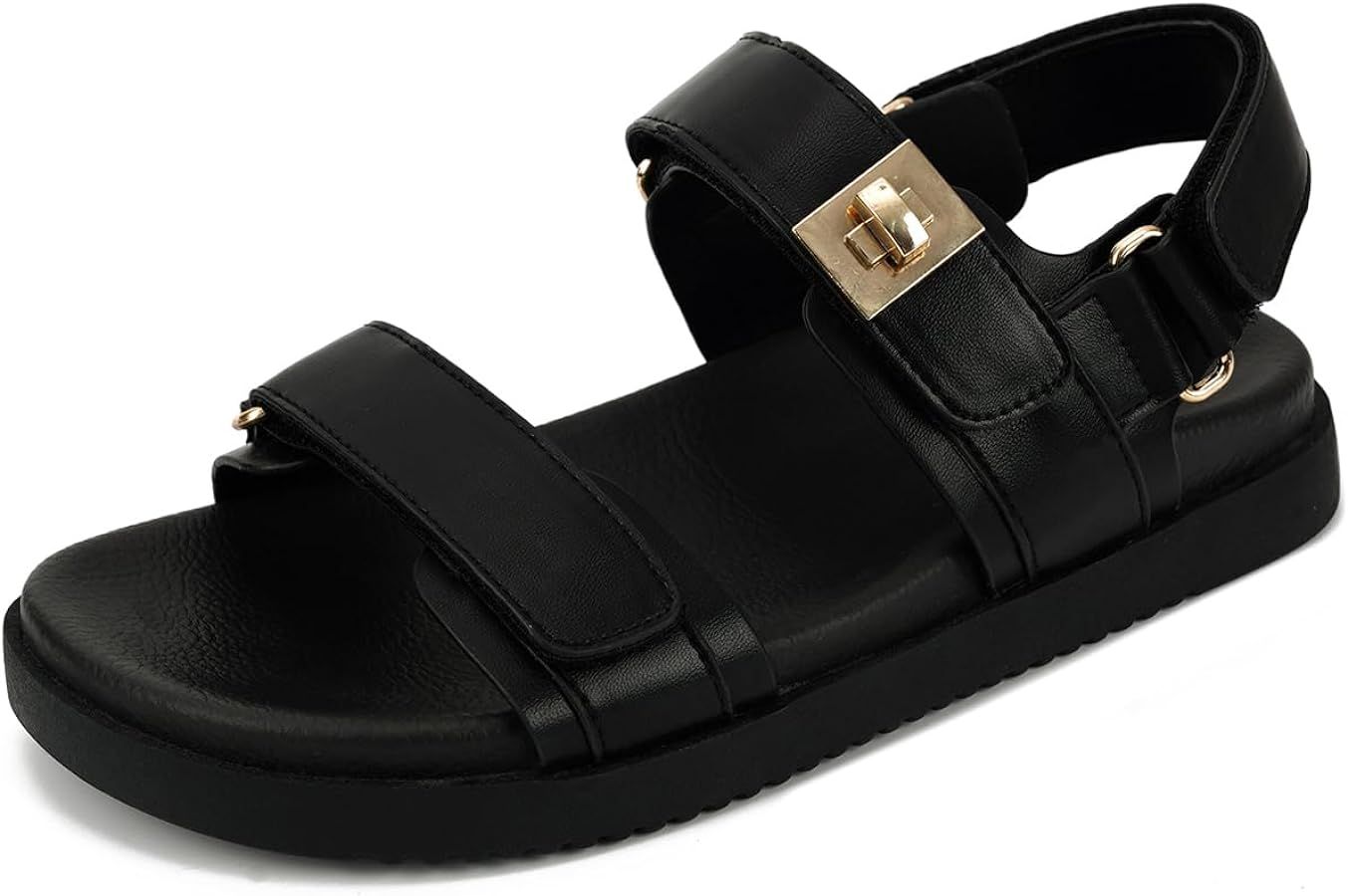 Leather Sandals Women Comfortable Adjustable Straps - Comfy Flat Sandals for Women - Memory Foam ... | Amazon (US)