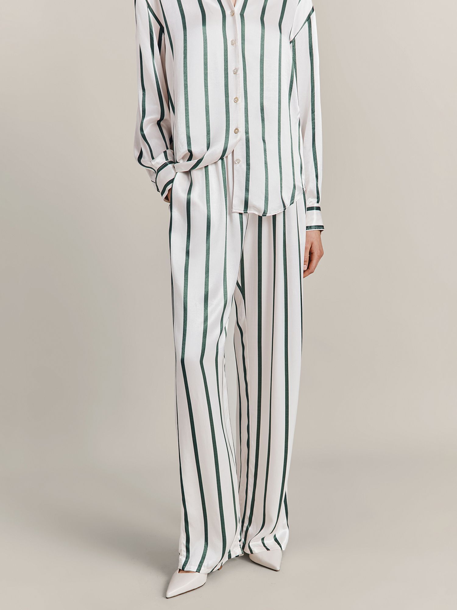 Ghost Imogen Satin Striped Trousers, Green | John Lewis (UK)