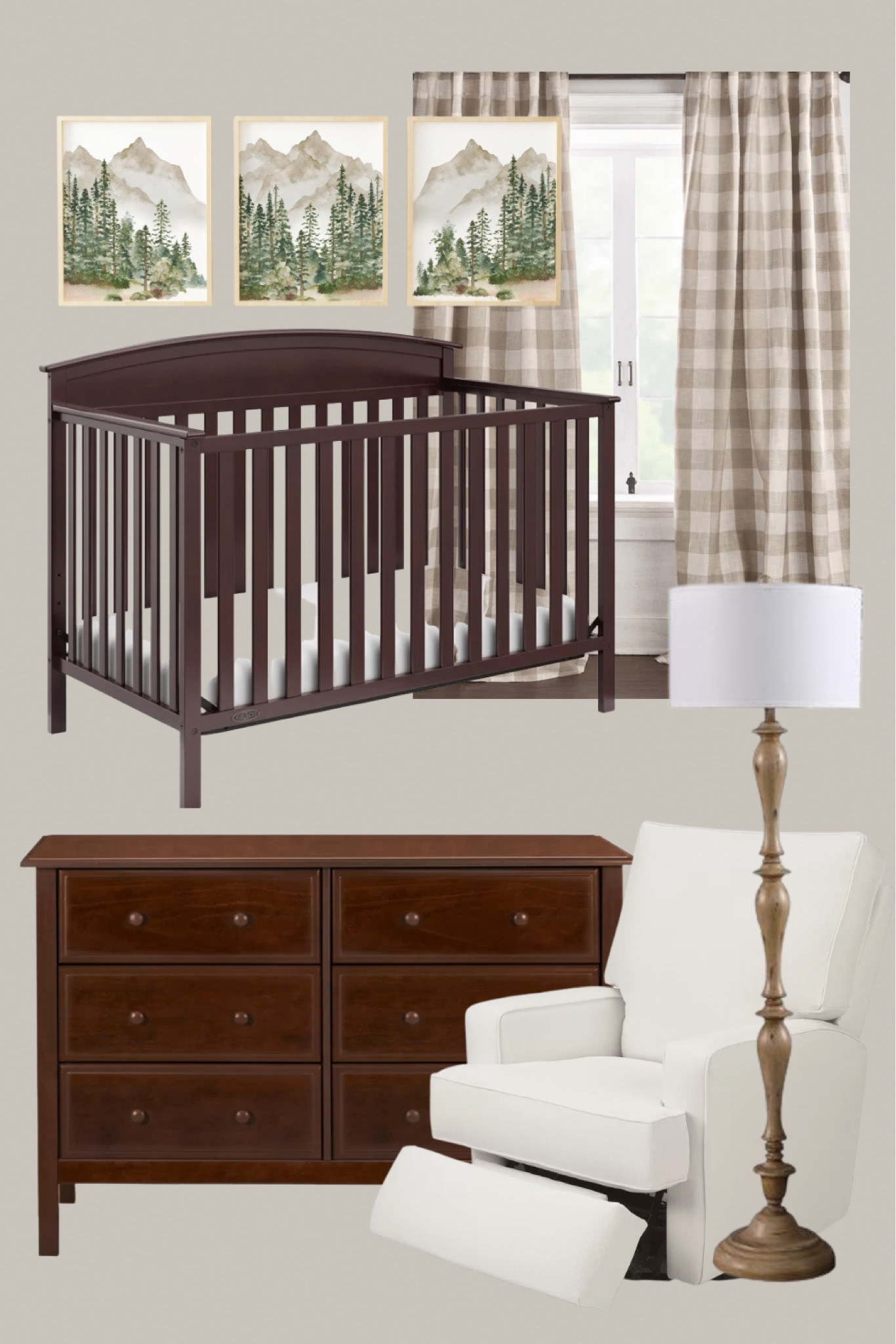 Baby boy nursery decor. Gender neutral nursery ideas. Baby girl nursery inspiration. Wood themed nursery. Woodsy nursery. Dark wood nursery furniture. Dark wood dresser. Dark wood crib. Wood lamp. Wood standing lamp. Gingham curtains. Neutral curtains. Amazon home finds. Amazon furniture. Amazon baby furniture. Recliner for nursery. Cream nursery chair. Swivel rocker for nursery. Etsy finds for nursery. Etsy wall decor. 