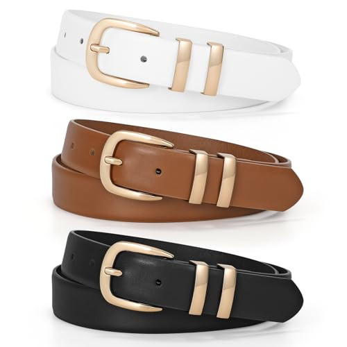 LEACOOLKEY 3 Pack Women Leather Belts for Jeans Gold Buckle Fashion Ladies Leather Belt for Dresses | Amazon (US)